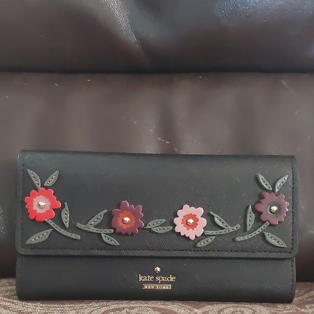Kate Spade Black Wallet with Red and Pink Floral Design